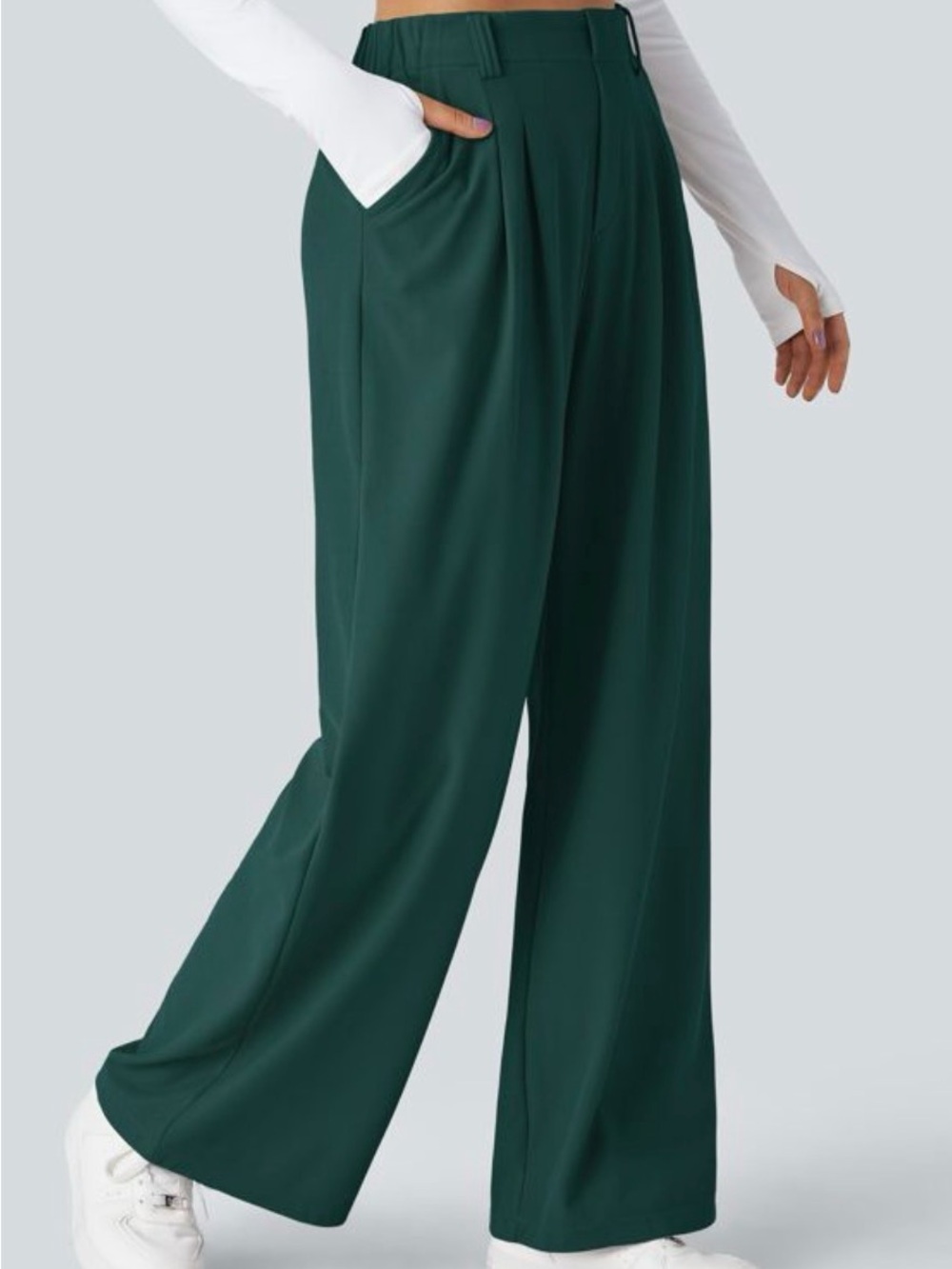 Halara Flex™ High Waisted Pocket Wide Leg Waffle Work Pants - Petite XL / Green